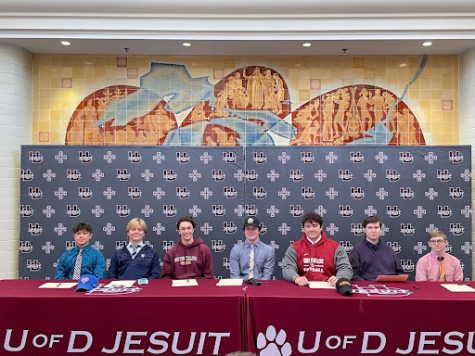 Pictured above, from left to right, are: Diego Beaman (soccer, Aquinas College), Christian Bouchillon (swimming, Southern Methodist University), Charlie Bruce (swimming, Boston College), Ryan Kruse (baseball, Northern Kentucky University), Mike Mathis (football, Oberlin College), Jack Sisco (bowling, Siena Heights University), and Joe Wager (bowling, Siena Heights University).