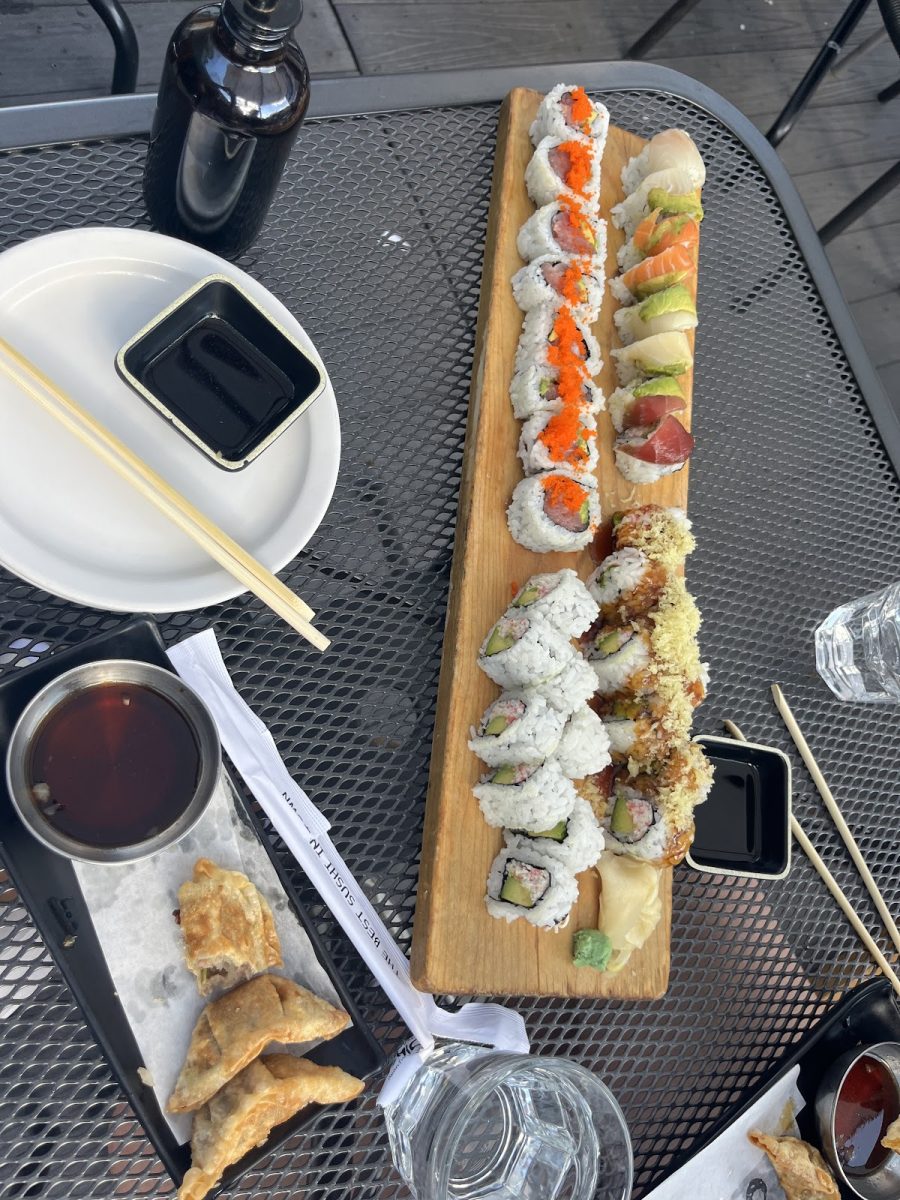 Gyoza, Rainbow Roll, and Crunchy California Roll